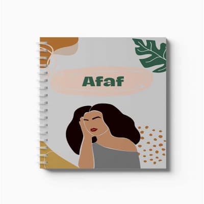 دفتر سلك حلزوني ٦٠ ورقة مقاس A5، لتسجيل الملاحظات وتدوين التذكيرات، بغلاف من الورق المقوى بتصميم اسم عفاف بالإنجليزية